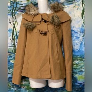 Juicy Couture Camel Pea Coat with Faux Fur Trim